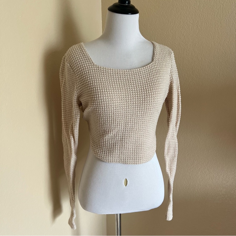 Beige Waffle Knit Long Sleeve Top